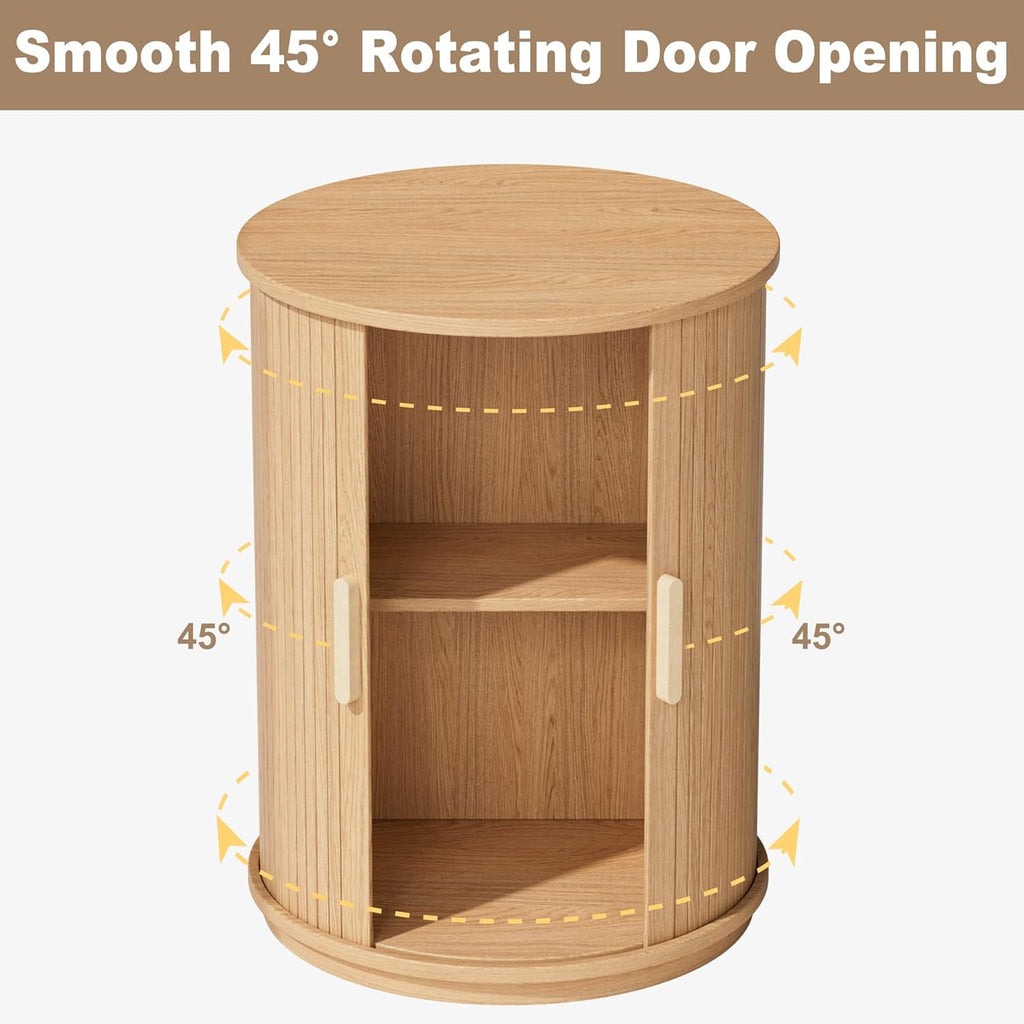 INNOD Side Table with Storage for Living Room, Round End Table with Sliding Tambour Door, Wood Night Stand Nightstand Bedside Table for Bedroom, Small Round Side Table, Mid Century Modern, Light Oak