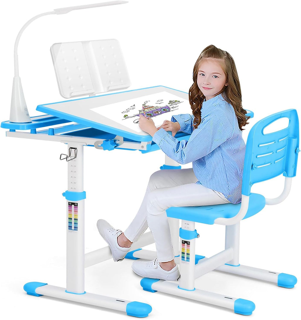 Artist hand Kids Desk and Chair Set, Ergonomic Height Adjustable Kids Desk with Tiltable Desktop, LED Light & Pull-Out Drawer, Kids Drawing Table Study Desk for Kids 3-12 Boys Girls, Blue