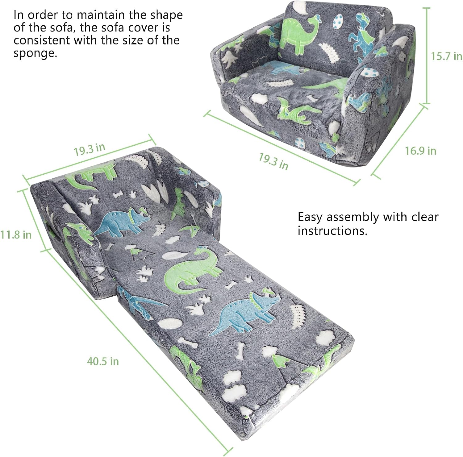 Asou Kids Sofa Toddlers Sofa Glow in The Dark Kids Fold Out Play Couch Mini Dinosaur Couch for Kids Toddlers