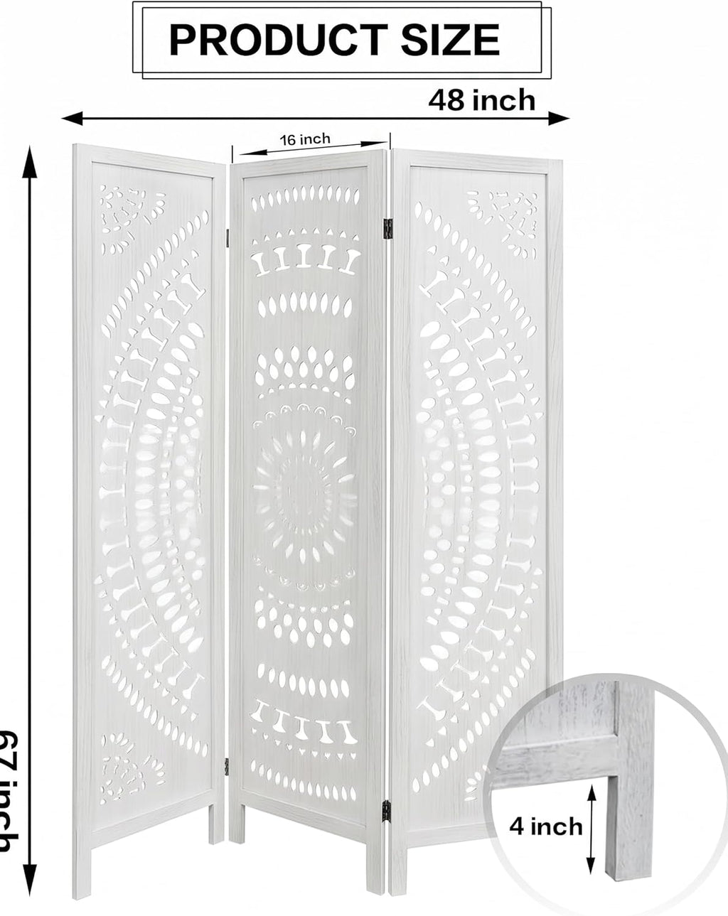 3 Panel White Room Divider, 67 Inch Wood Carved Privacy Screen, Bohemian Style Folding Room Divider, Portable Partition Wall Divider for Room Separation (White)