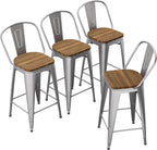 Andeworld Metal Bar Stools Counter Height Stools Dining Chairs High Back Industrial Barstools Set of 4 (30inch,Silver)