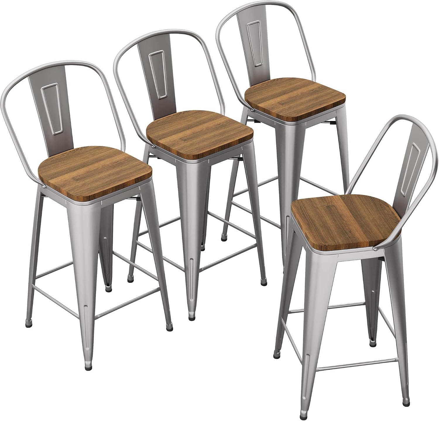 Andeworld Metal Bar Stools Counter Height Stools Dining Chairs High Back Industrial Barstools Set of 4 (30inch,Silver)