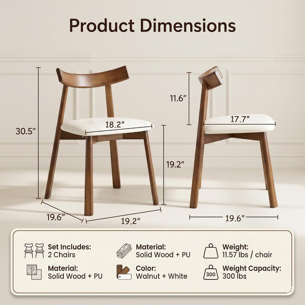 Dining Chairs Set of 2, Walnut Solid Wood Kitchen Chairs with White PU Leather Padded Seat, Curved Backrest, Mid Century Modern Armless Side Chairs for Dining Room, Kitchen, Living Room, Cafe