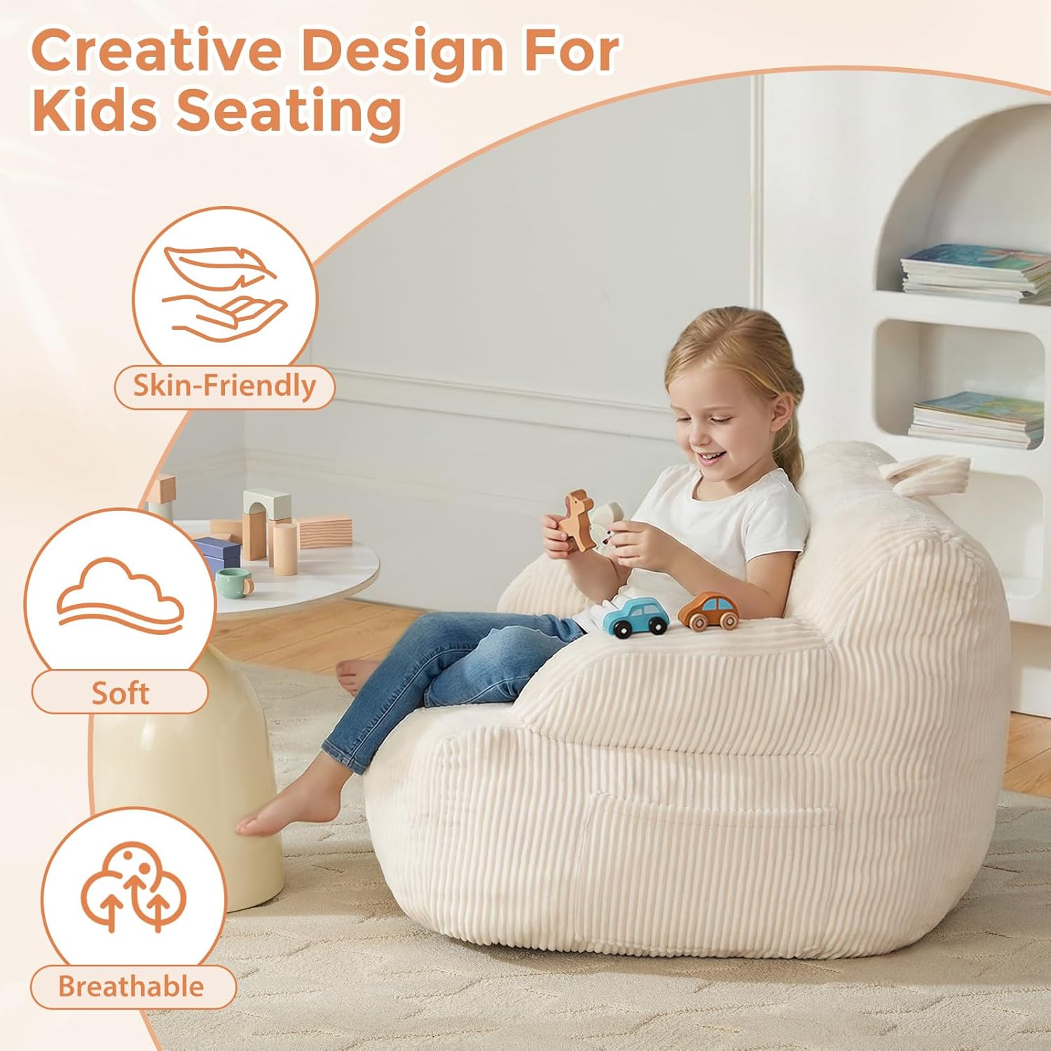 Bean Bag Chairs for Kids with Armrests, Comfy Kids Bean Bag Chair, Soft-Filled Cozy Bean Bag Sofa for Boys and Girls, Small Bean Bags for with Pocket, Floor Chair for Gaming, Reading & Relaxing, Beige