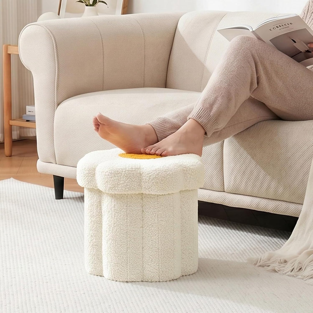 Flower Boucle Storage Ottoman, 12.6" Small Footstool with Padded Seat, Folding Sherpa Foot Rest for Sofa, Floral Accent Side Table for Living Room, Bedroom, Dorm, White