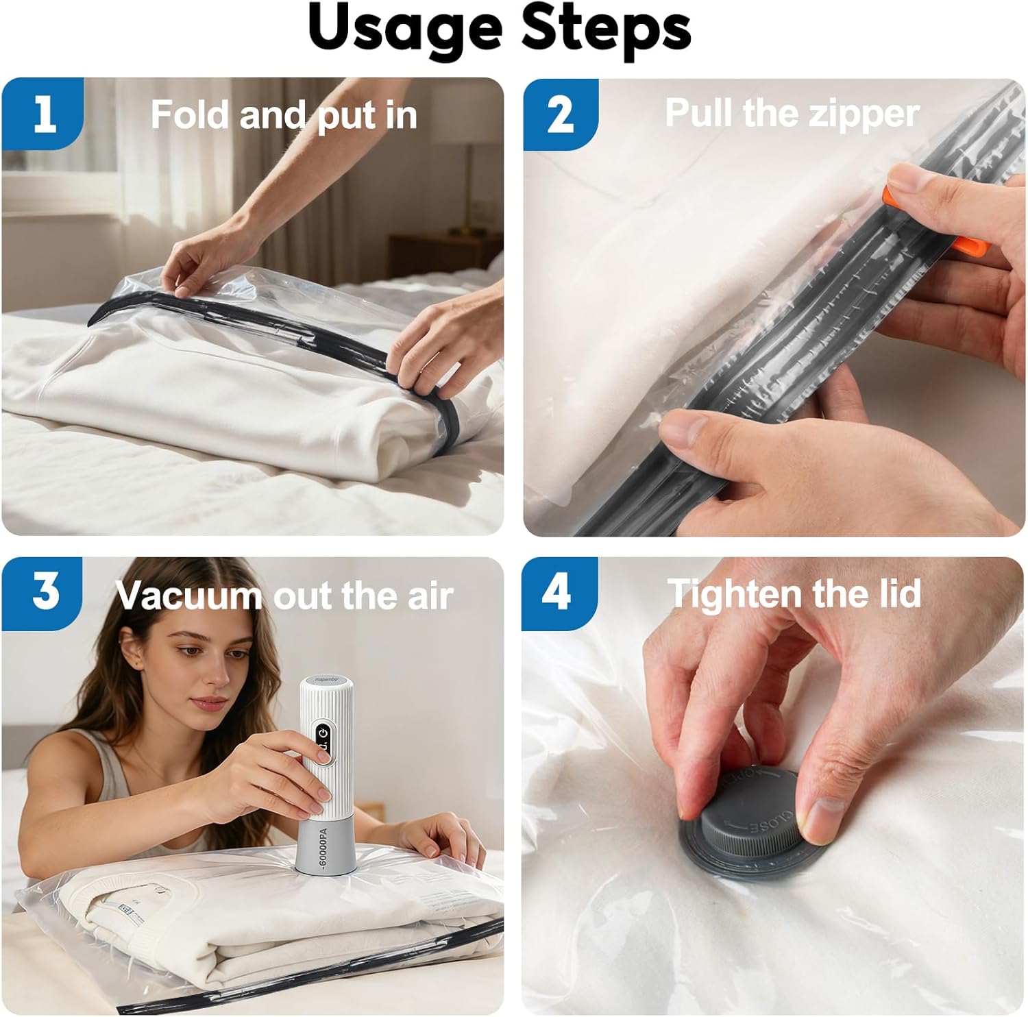 Mapambo Vacuum Seal Bags for Clothing Travel with -60000Pa LED Pump, 15 Pack Travel Cordless Vacuums Bag Set with Pump in 3 Combo Sizes. Vacuums Storage Bags for Clothes (15 Combo)