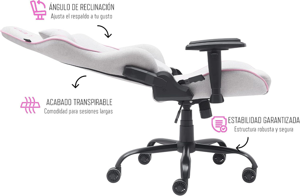 NEWSKILL Kitsune V2 Breathable Fabric Gaming Chair, Lumbar and Cervical Cushions Included, 180 Recliner, Supports up to 300 lbs, Pink