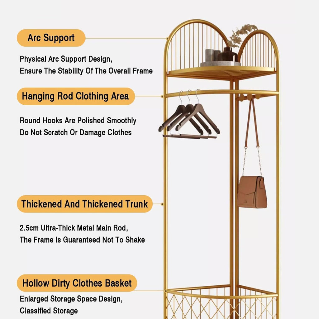 HKaikzo Corner Coat Rack, Gold Clothes Rack with 6 Metal Movable Hooks and Storage Basket Hall Tree Design Clothing Rack for Bedroom Entryway Hallway