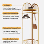 HKaikzo Corner Coat Rack, Gold Clothes Rack with 6 Metal Movable Hooks and Storage Basket Hall Tree Design Clothing Rack for Bedroom Entryway Hallway