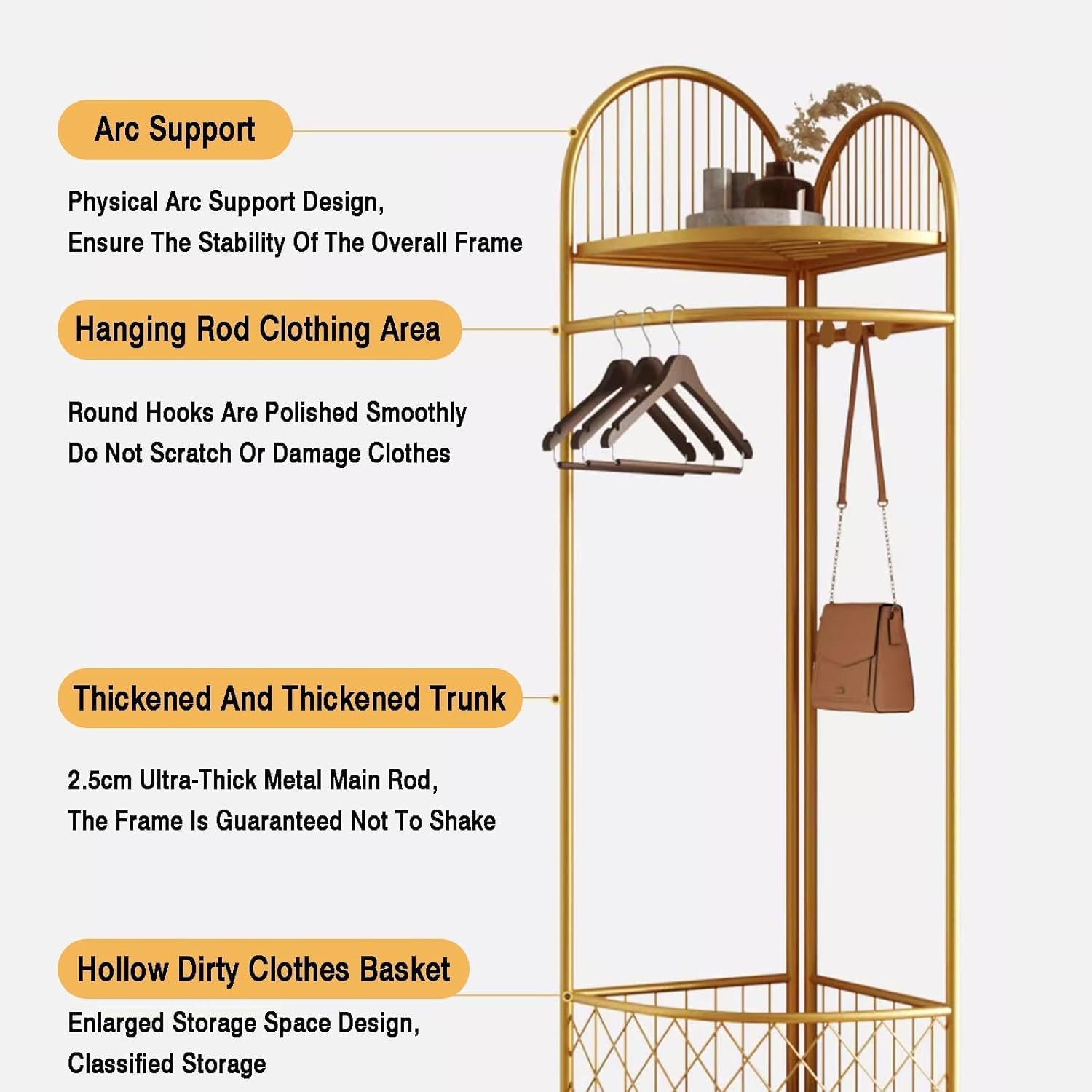 HKaikzo Corner Coat Rack, Gold Clothes Rack with 6 Metal Movable Hooks and Storage Basket Hall Tree Design Clothing Rack for Bedroom Entryway Hallway