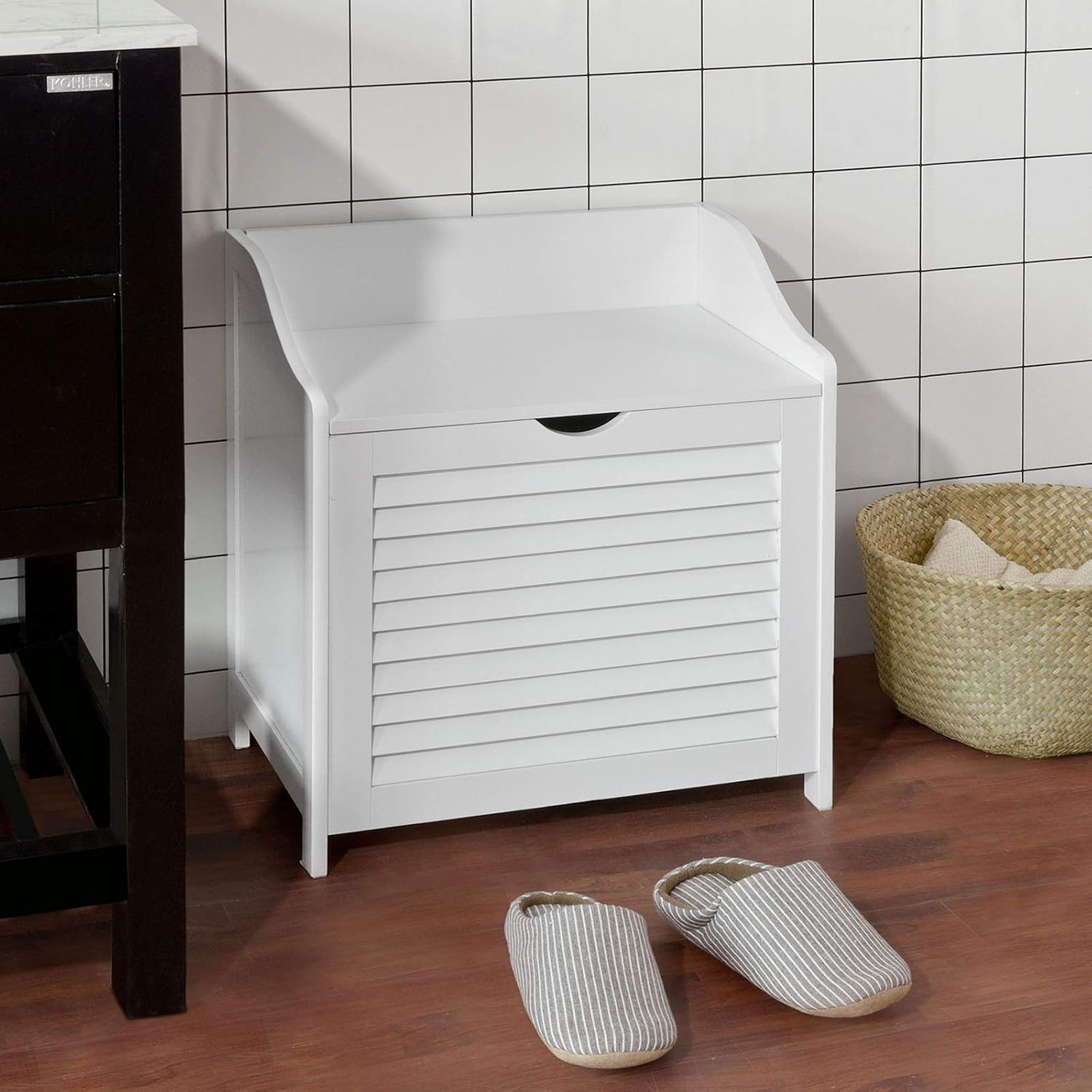 SoBuy Small Storage Bench with Laundry Hamper – Multi-Functional Bench with Removable Bag and Lid – Hidden Toy Chest, Blanket Storage Organizer for Bathroom, Bedroom, or Entryway – White, FSR40-W