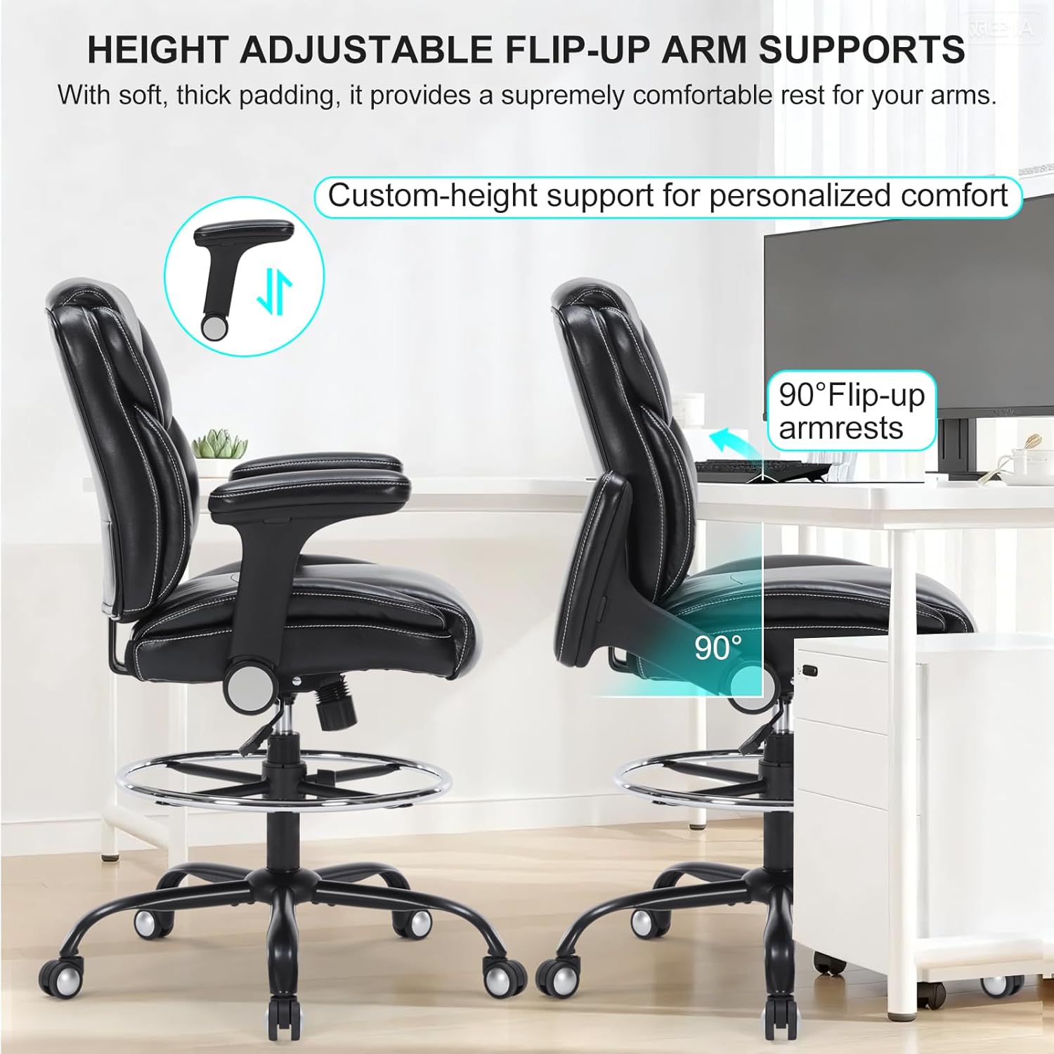 Drafting Chair, Tall Office Chair with Adjustable Armrests Mid-Back Standing Desk Chair with Footrest Ring, PU Leather High Executive Desk Chair Counter Height Office Chair for Home and Office, Black