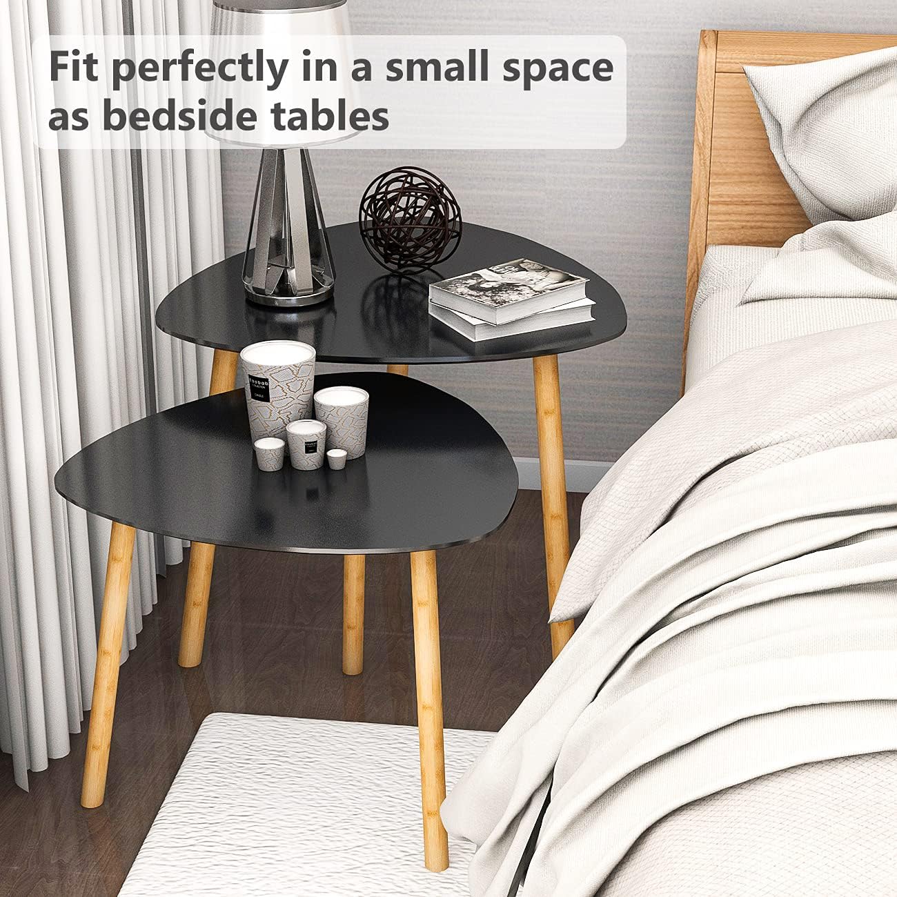 Bamboo Nesting Coffee Tables - Small Coffee Table for Living Room, Set of 2 Triangle End Table Modern Side Table for Bedroom Apartment Balcony Yard Small Spaces, (Black)