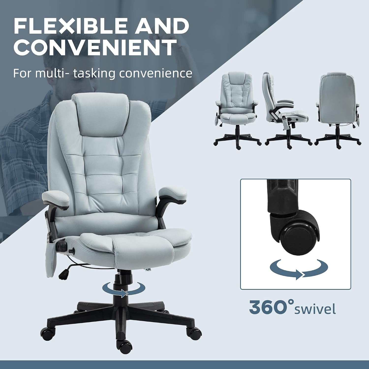 Vinsetto 6 Point Vibrating Massage Office Chair with Heat, Microfiber High Back Executive Office Chair with Reclining Backrest, Padded Armrests and Remote, Light Gray