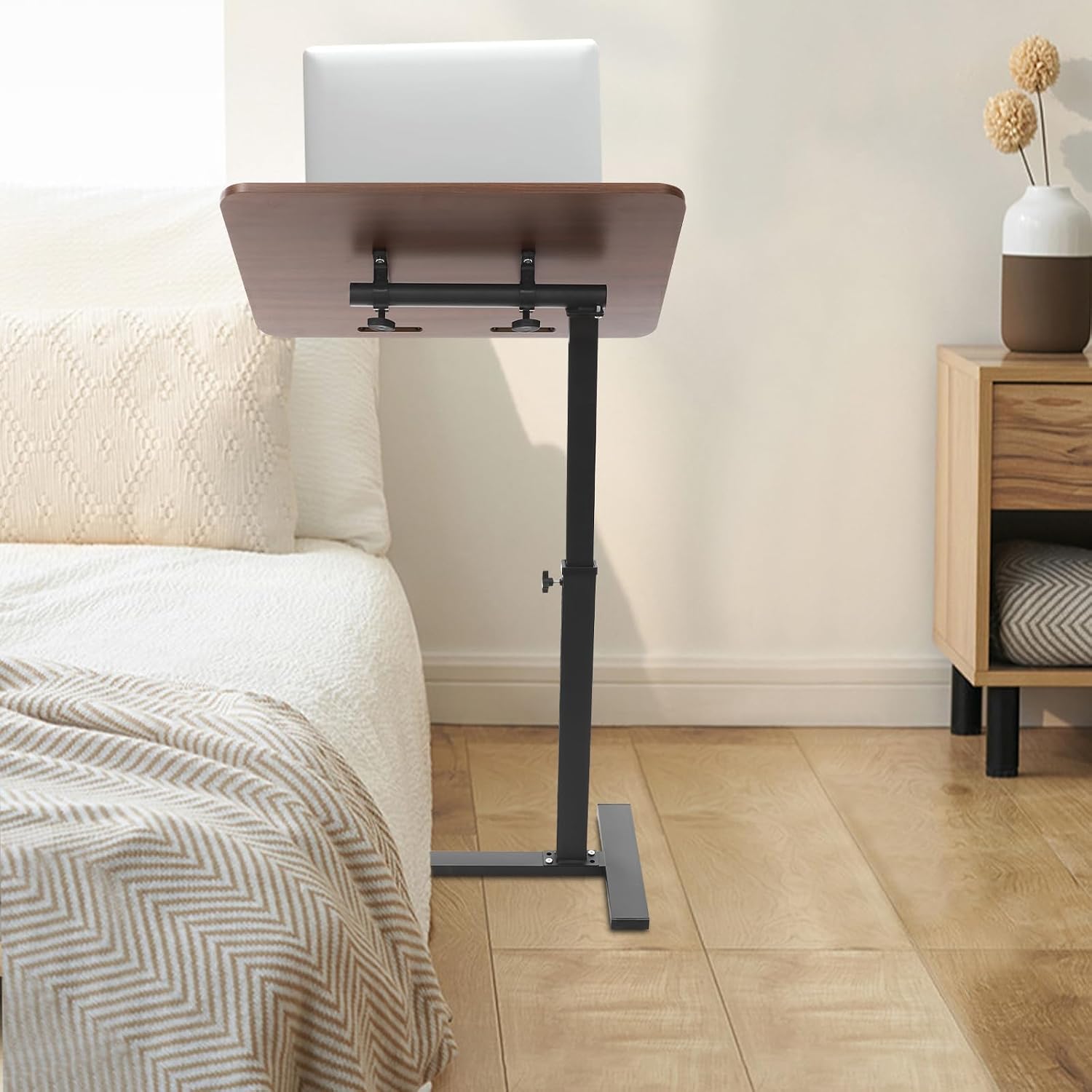 Side Table, Freestanding C Shaped End Table with Rolling Wheels, Adjustable Height Mobile Computer Laptop Table Rolling Tray Cart for Living Room & Bedroom & Office