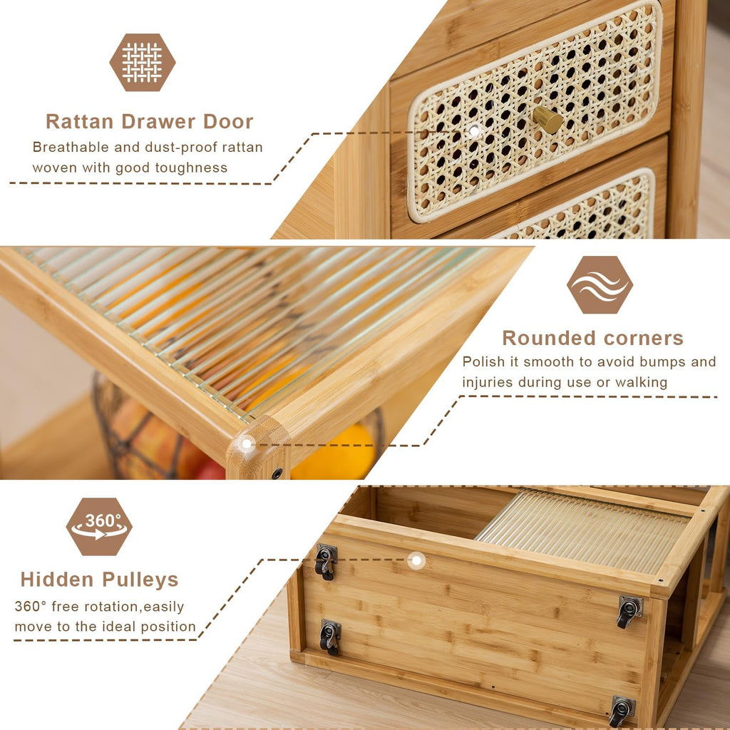 Bamboo & Rattan Side Table with Glass Top – 2-in-1 End Table and Bedside Cabinet with Drawer Storage for Small Spaces, Bedroom, Living Room, Nature