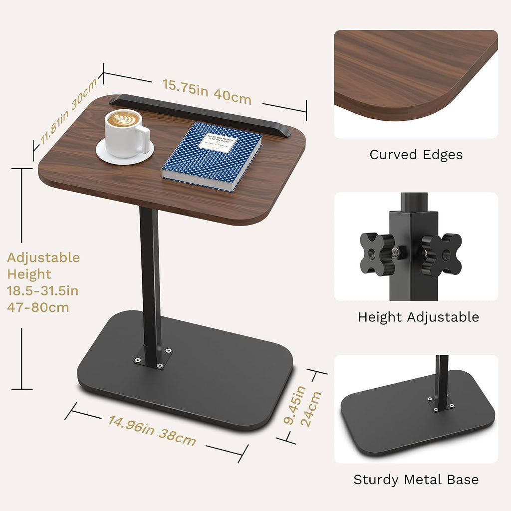 ENNVA Side Table for Couch, Adjustable Height C Shaped End Table, Narrow Sofa Side Table for Living Room & Bedside, Brown Wooden Top with Black Metal Base
