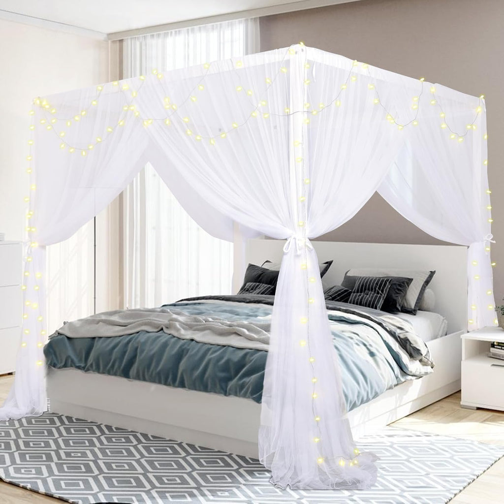 South to East White Canopy Bed Curtains, 4 Corner Post Bed Canopy for Girls & Adults, Top Luxurious Bed Drapes for Bedroom Decoration, 4 Openings, 100% Ripstop Polyester, Easy Install, King Size