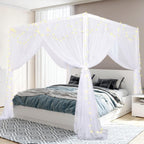 South to East White Canopy Bed Curtains, 4 Corner Post Bed Canopy for Girls & Adults, Top Luxurious Bed Drapes for Bedroom Decoration, 4 Openings, 100% Ripstop Polyester, Easy Install, King Size