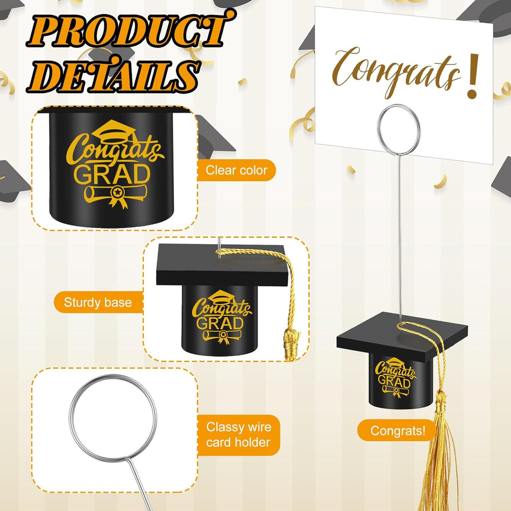 Fullhawl 12 Pcs Graduation Picture Holder, Wooden Grad Cap Photo & Table Number Holders with Tassel, Congrats Grad Place Card Holders for Tables Centerpieces Graduation Party Supplies(Black)