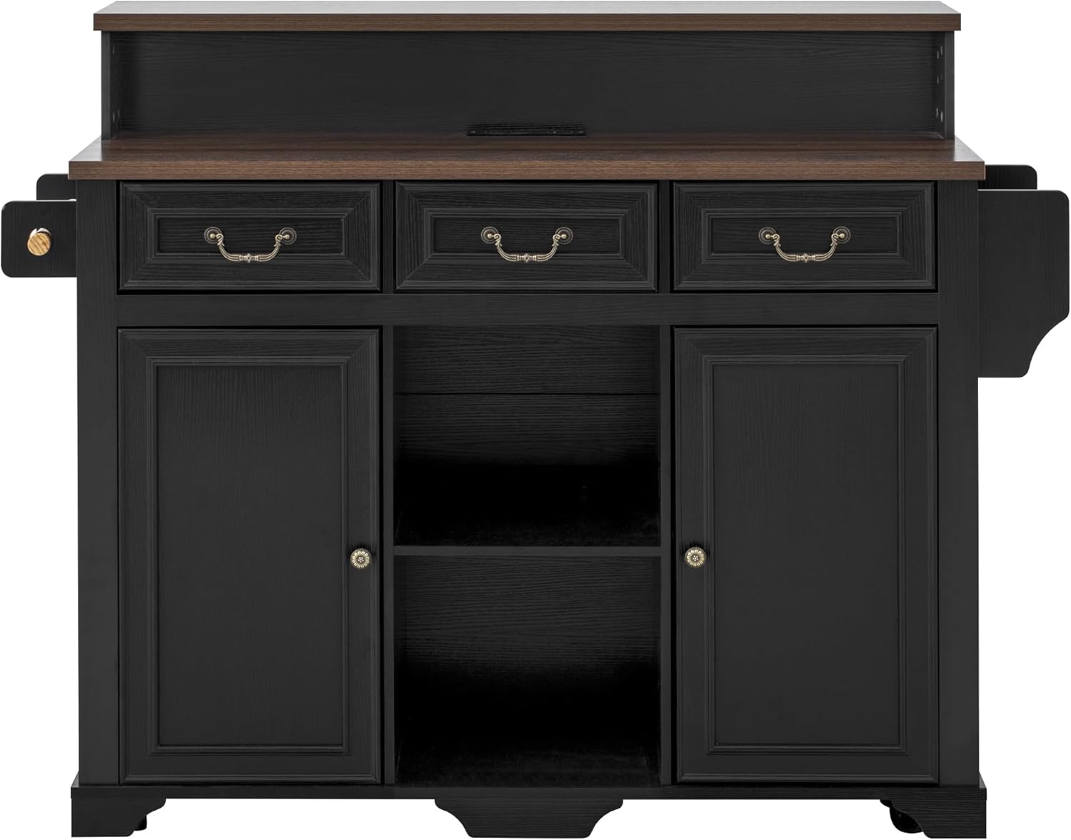 Merax 53.2" Two-Tier Kitchen Island with Storage, Farmhouse Kitchen Island with Power Outlet, 4 Door Shelves, Adjustable Shelves, 3 Drawers, Rolling Island Table, Bar Cabinet for Kitchen, Ash Black