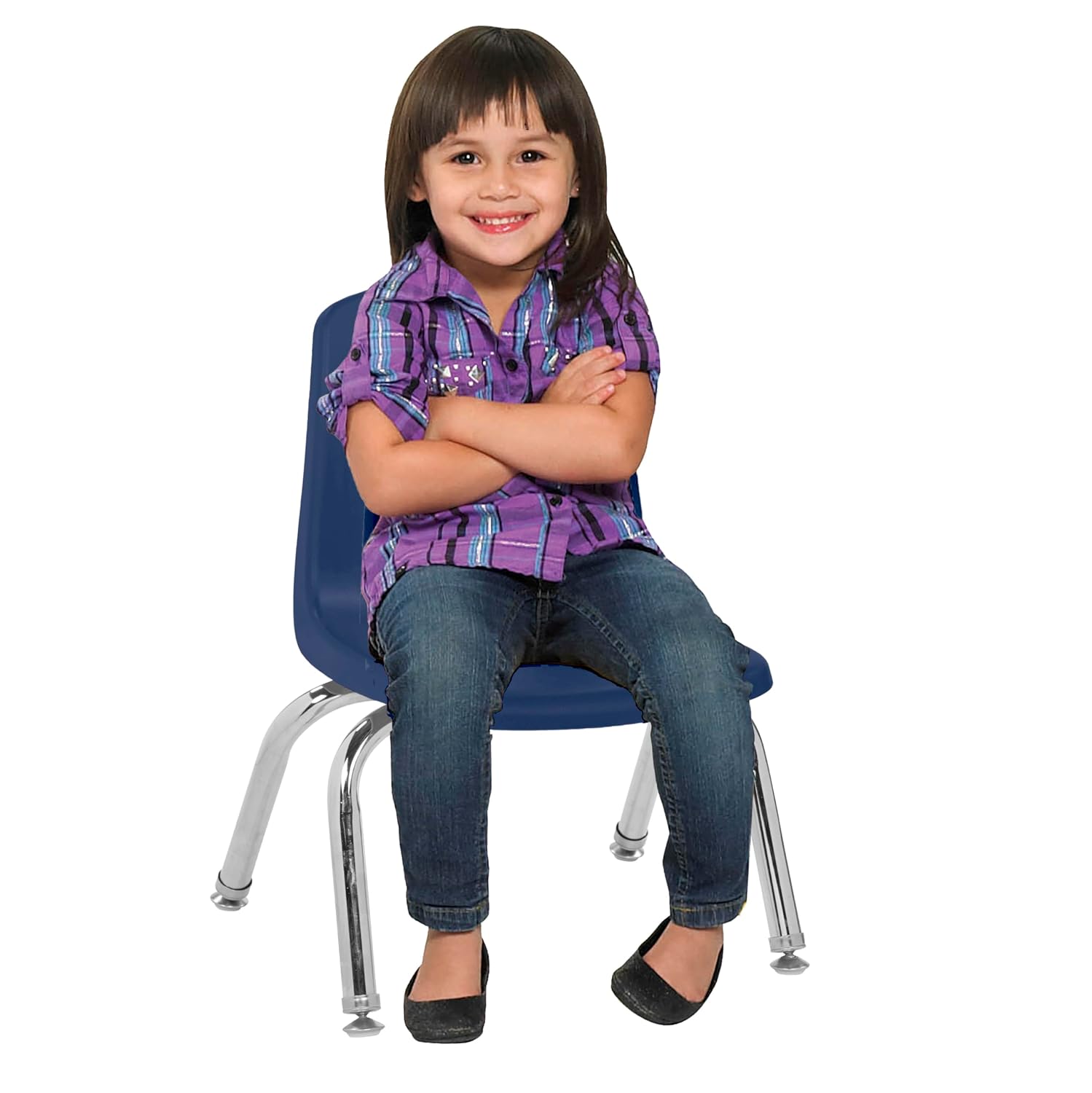 FDP 10" School Stack Chair, Stacking Student Seat with Chromed Steel Legs and Nylon Swivel Glides for in-Home Learning or Classroom - Navy (4-Pack), 13227-NV