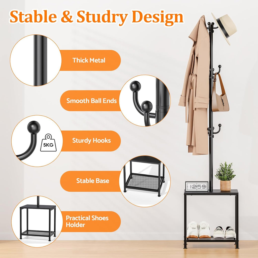 Hall Tree with Bench and Shoe Storage, Coat Rack Freestanding Coat Rack Shoe Bench, Corner Coat Hanger Stand Standing Hat Rack, Tree Stand Purse Rack Tree Black Coat Racks with Shelf
