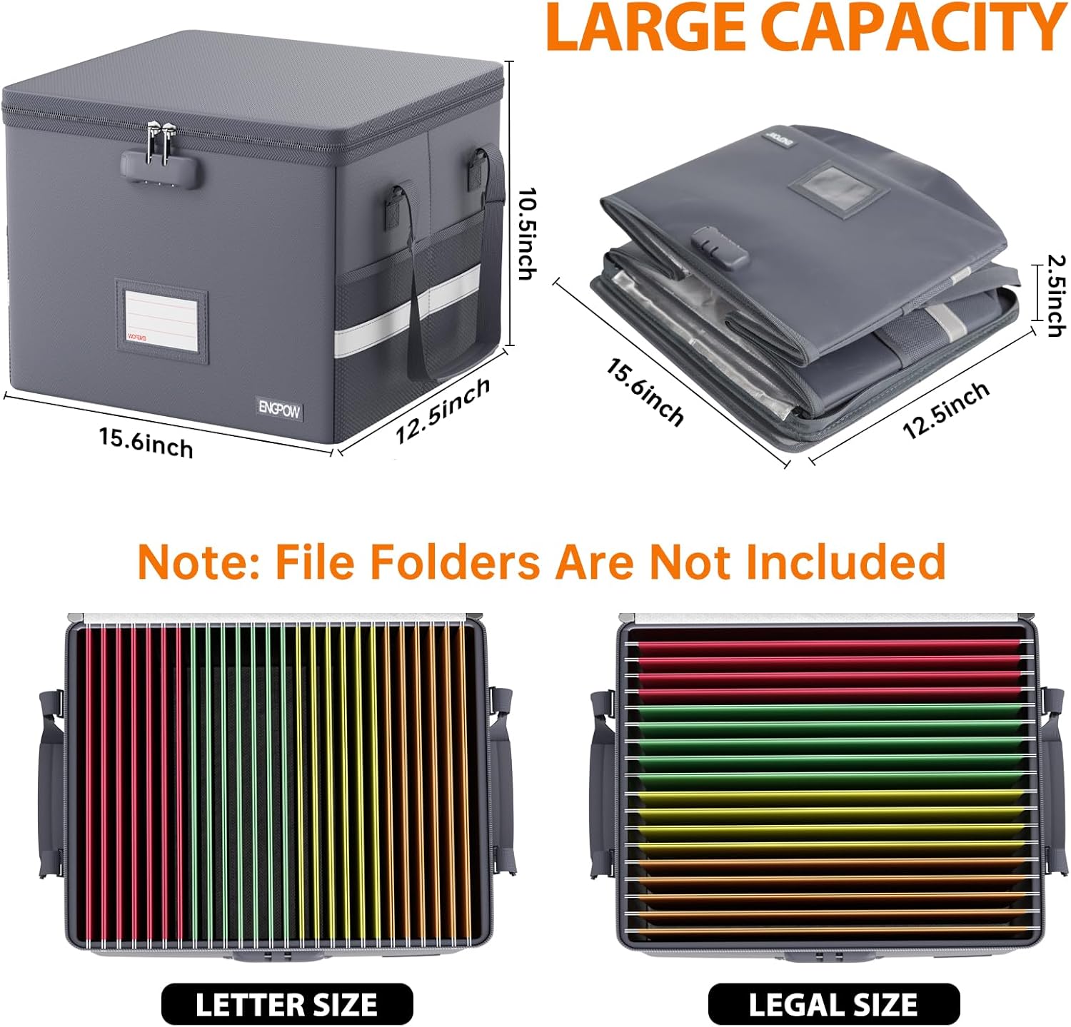 ENGPOW 5200°F File Box Fireproof Document Box with Lock,Heat Insulated Collapsible File Storage Organizer Box with Handle,Portable Home Office File Cabinet for Hanging Letter/Legal Size Folder, Gray