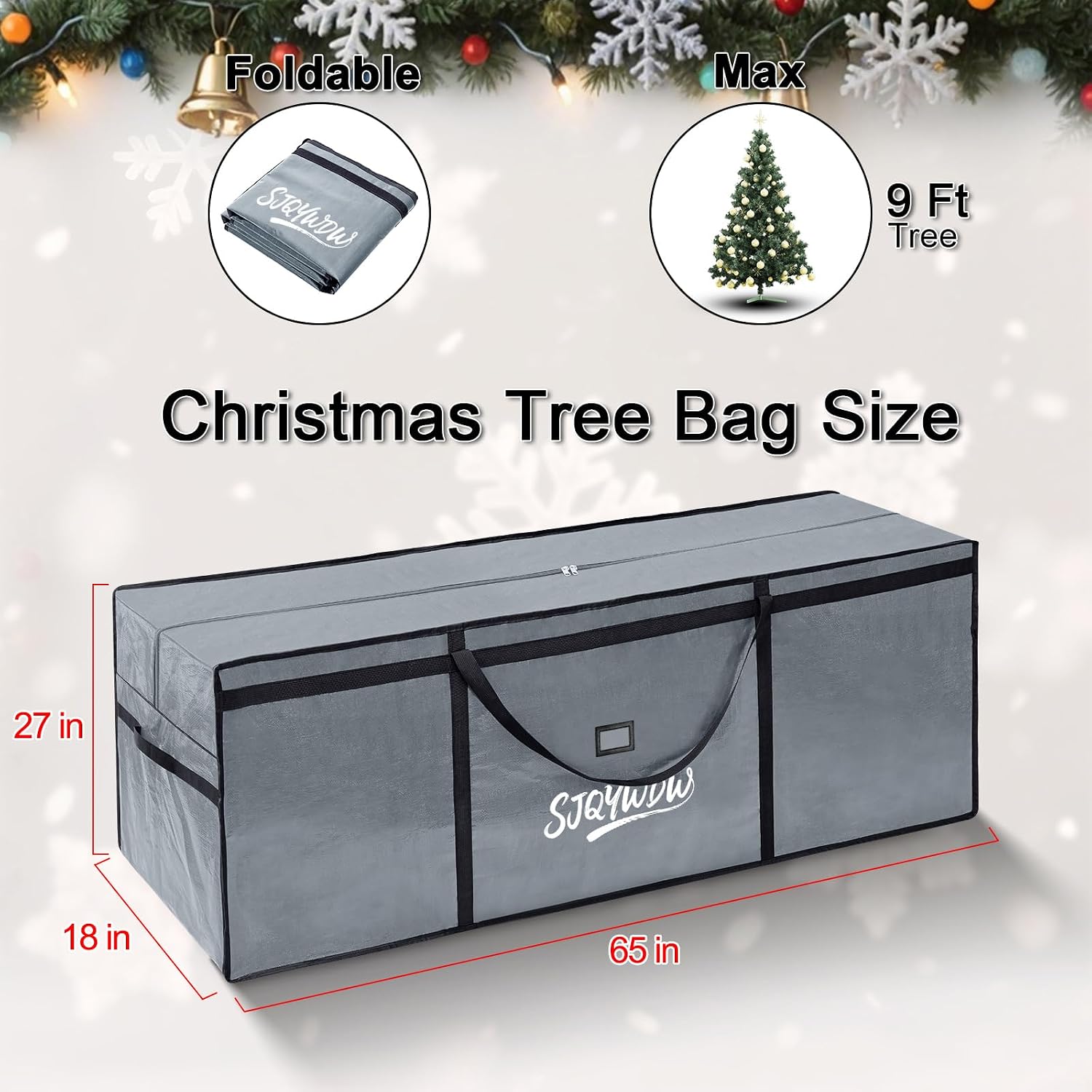 Christmas Tree Storage Bag 9ft for Xmas Trees - Grey | Heavy Duty, Artificial Xmas Bag, Reinforced Handles, Dual Zippers Wide Opening, Two Mesh Pockets, Thick PE , Moving Bags
