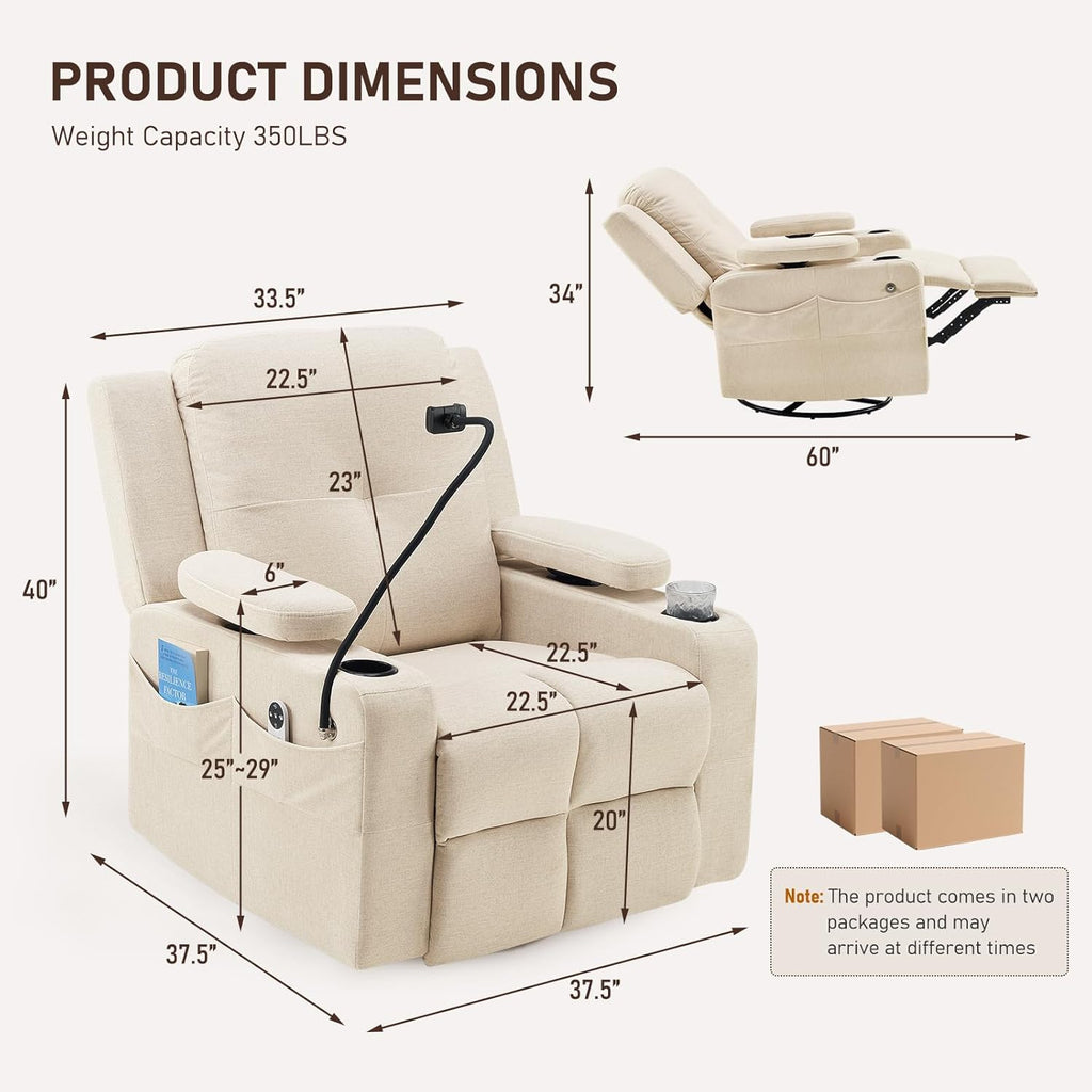 Furnimart Power Rocking Chair Nursery with Adjustable Armrests, Triple Motor Glider Recliner Swivel Nursing Chair for Breastfeeding with Phone Holder, Side Storage, Soft Waterproof Fabric, Beige
