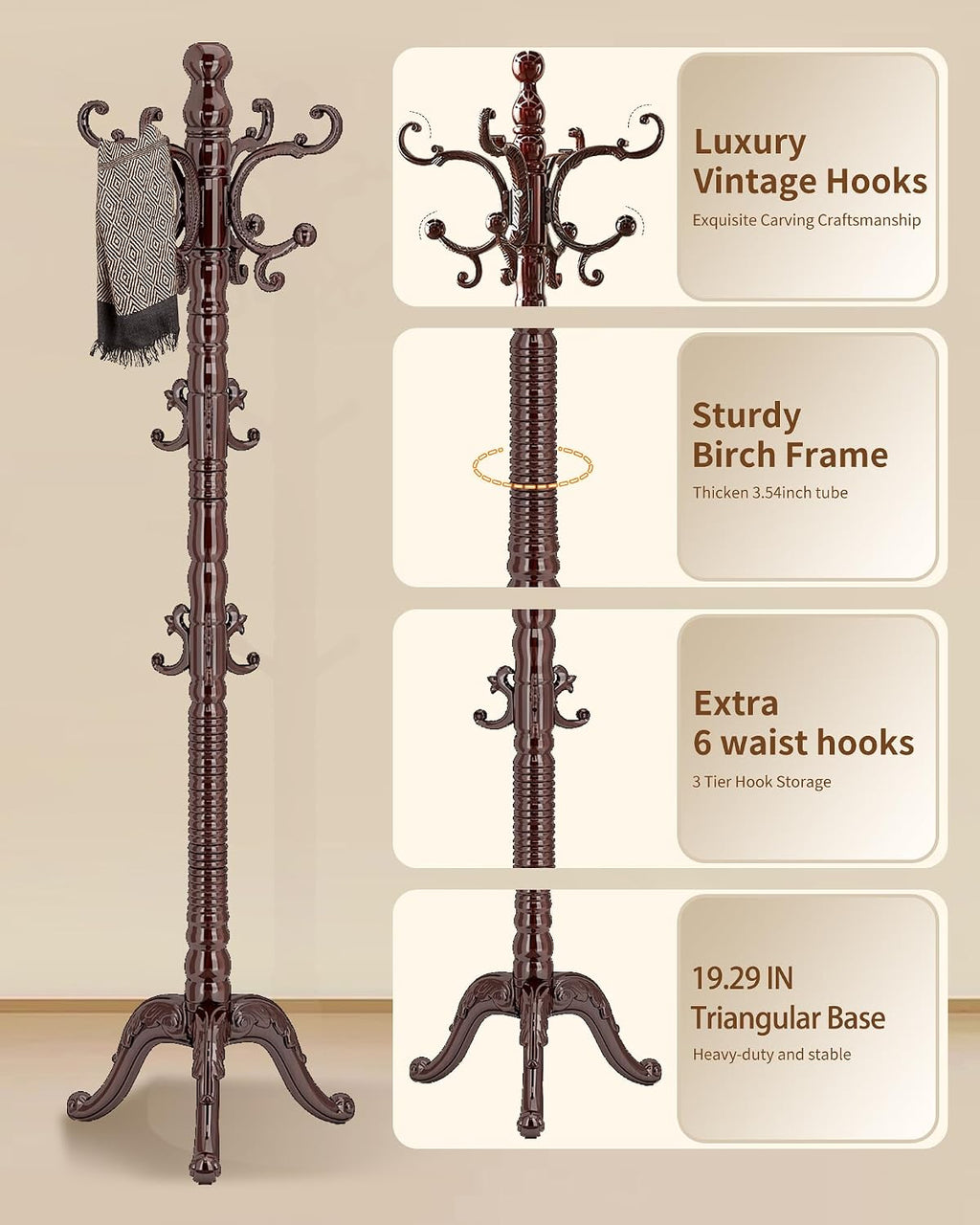 Wooden Coat Rack Stand, Solid Wood Freestanding Coat Rack, Vintage Coat Racks with 14 Hooks & Triangle Base, Standing Coat Hanger Jacket Tree Stand for Office, Entryway, Hallway