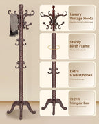 Wooden Coat Rack Stand, Solid Wood Freestanding Coat Rack, Vintage Coat Racks with 14 Hooks & Triangle Base, Standing Coat Hanger Jacket Tree Stand for Office, Entryway, Hallway