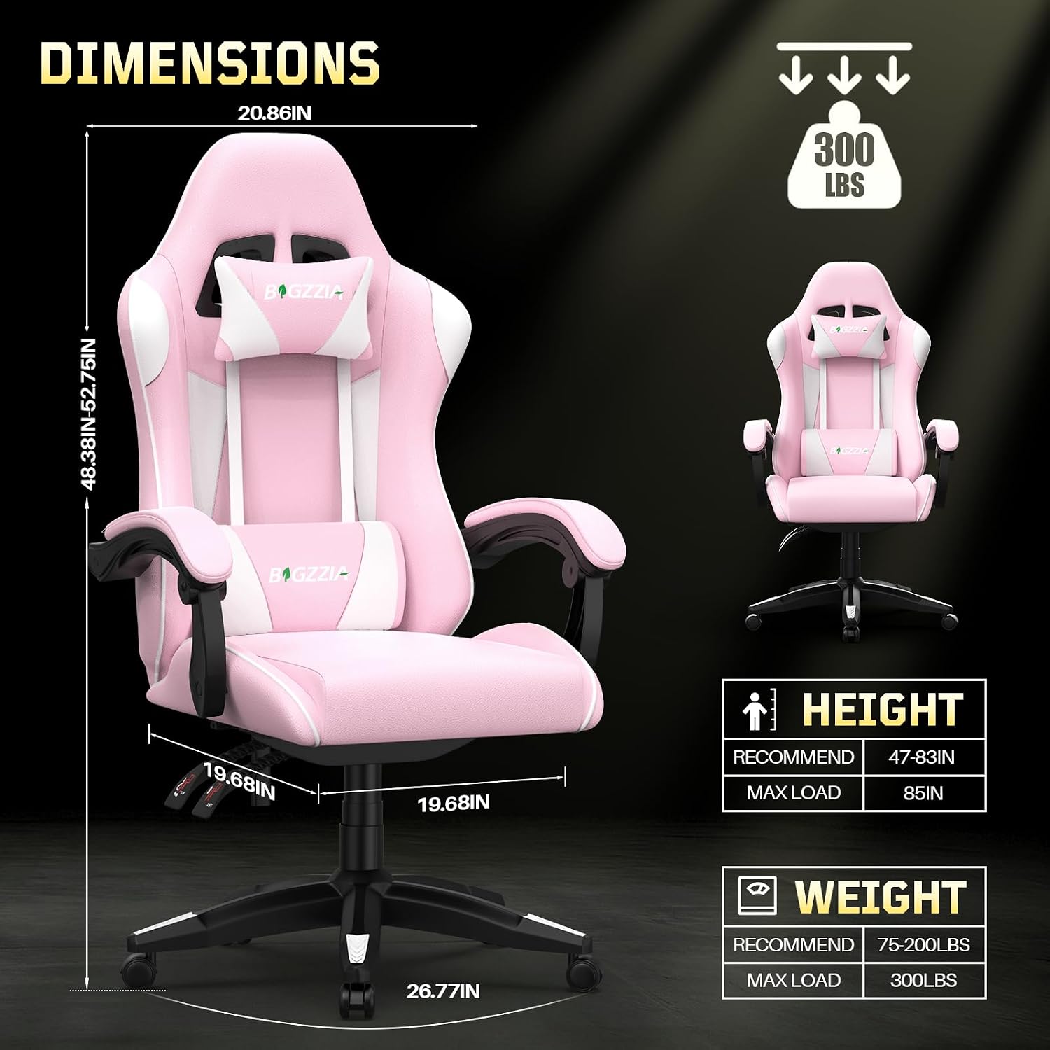 Bigzzia Gaming Chair, Ergonomic Video Game Chairs with Pillow and Lumbar Support, Racing Style Height Adjustable Computer Chair with 360°-Swivel Seat for Adults and Teens (Pink)