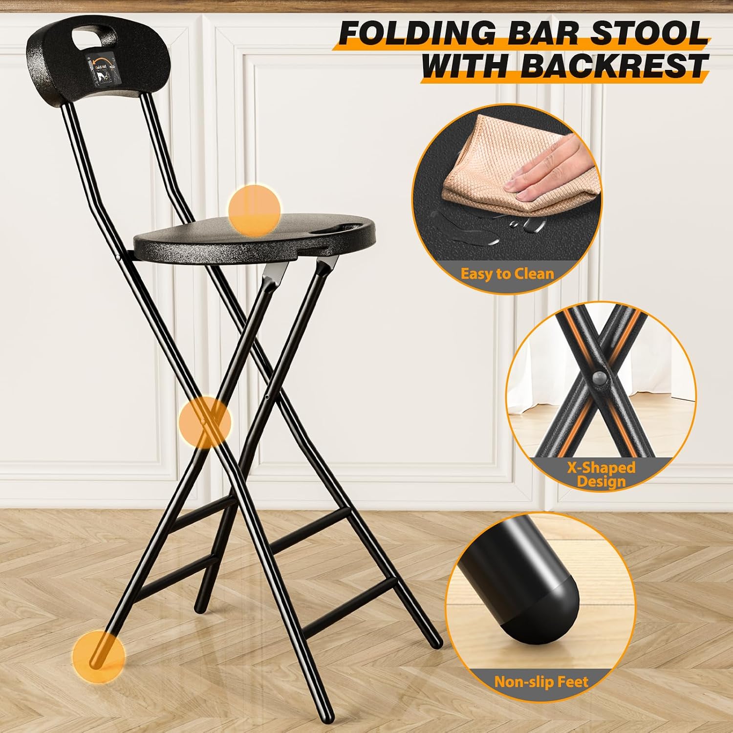 5Rcom Folding Stool, 1 Pack 24 inch Folding Bar Stool with Backrest and Handle, Foldable Stools for Adults Up to 350lbs, Collapsible Round Folding Counter Height Stool Chair for Camping Kitchen