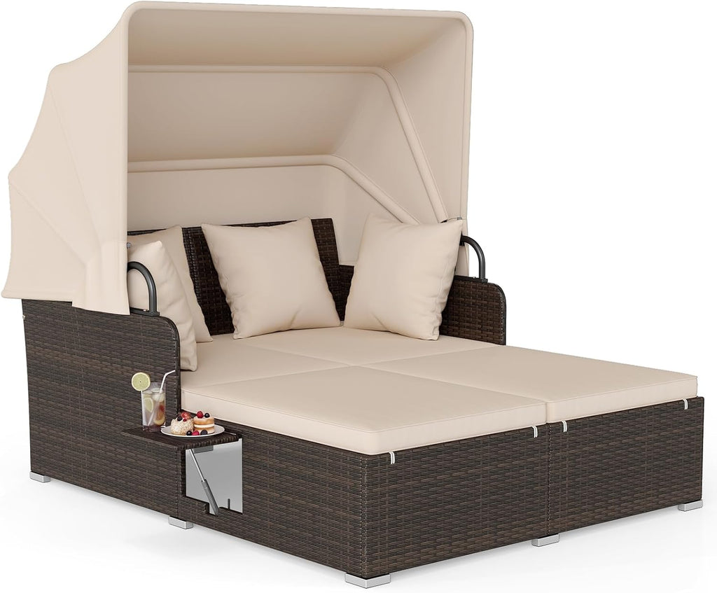 HAPPYGRILL Outdoor Wicker Lounge Daybed, Hand-Woven PE RattanDaybed, Patio Loveseat Sofa Set with Retractable Canopy & Side Table, Outdoor Sun Lounger with Soft Cushion