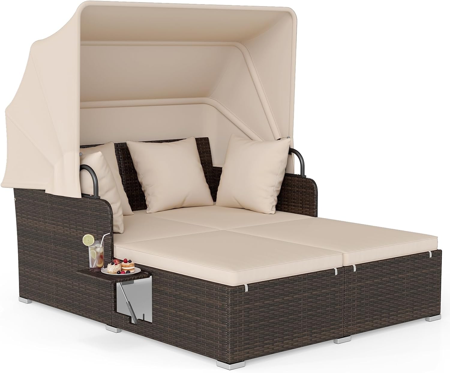 HAPPYGRILL Outdoor Wicker Lounge Daybed, Hand-Woven PE RattanDaybed, Patio Loveseat Sofa Set with Retractable Canopy & Side Table, Outdoor Sun Lounger with Soft Cushion