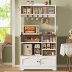 Bakers Rack with Storage and Power Outlet, Farmhouse Coffee Bar Cabinet, Microwave Stand with Storage Cabinet, 7 Hooks and Curved Design for Kitchen, Dining Room, Coffee Bar, Walnut, White
