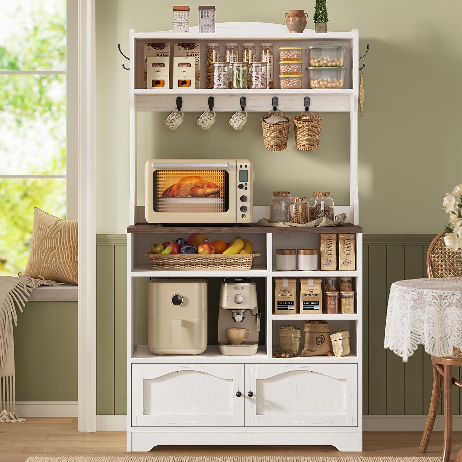 Bakers Rack with Storage and Power Outlet, Farmhouse Coffee Bar Cabinet, Microwave Stand with Storage Cabinet, 7 Hooks and Curved Design for Kitchen, Dining Room, Coffee Bar, Walnut, White