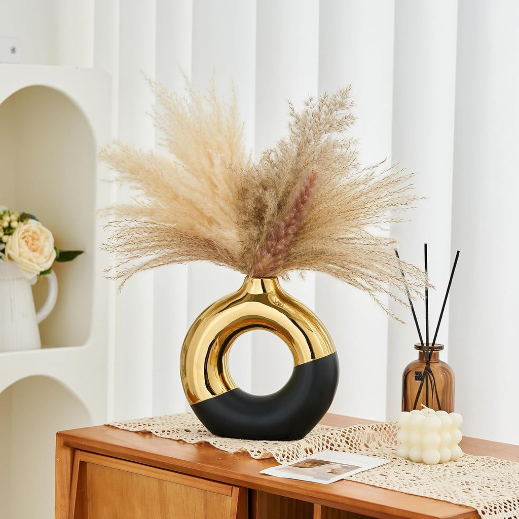 FJS Ceramic Donut Vase, 8" L x 8" H Black and Gold Round Vase for Pampas Grass, Nordic Modern Vases for Decor, Ceramic Vase Centerpieces for Wedding, Bedroom, Living Room, Coffee Table, Office