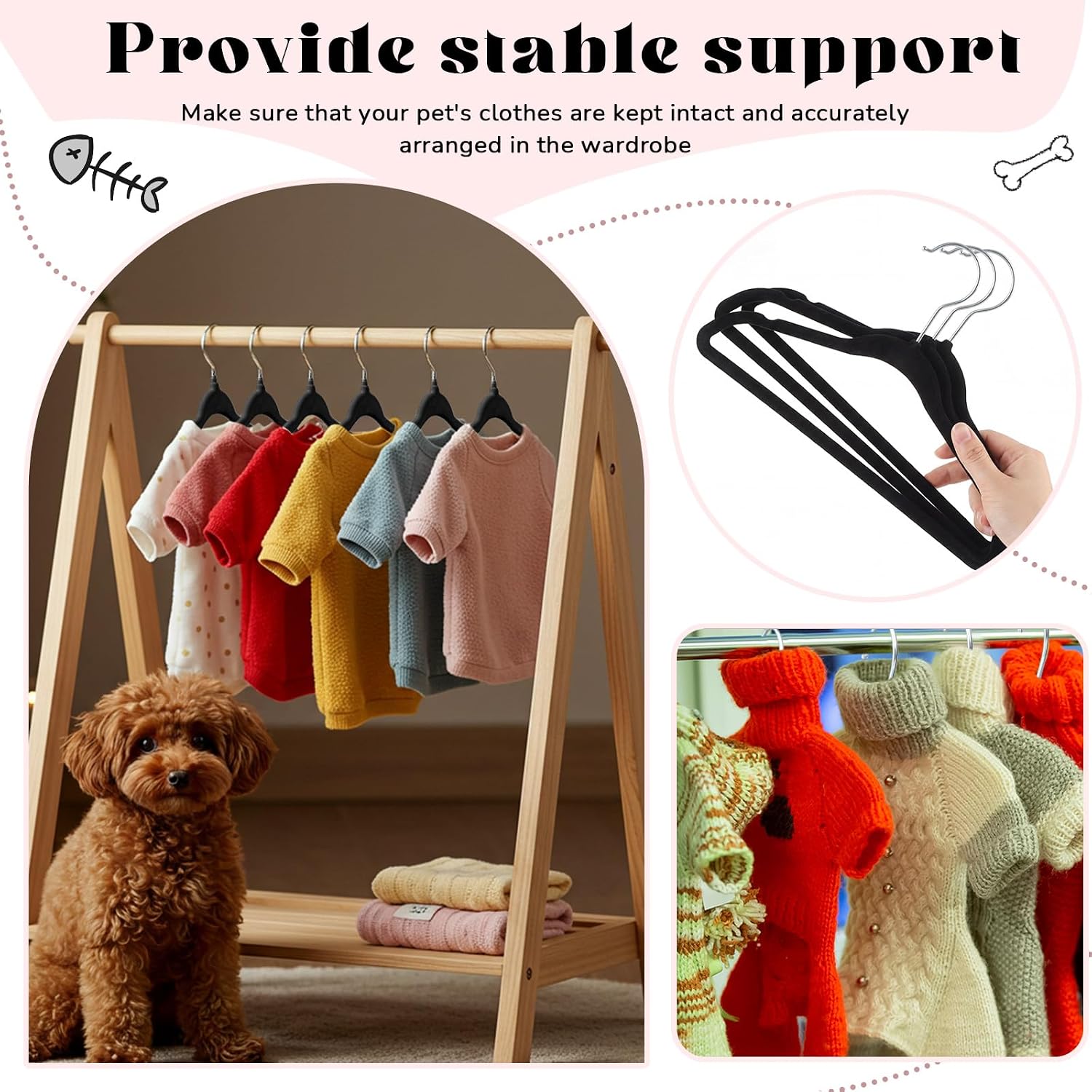 Weysat 24 Pcs Dog Clothes Hangers 11'' Non-Slip & 360° Swivel Velvet Small Pet Black Hangers for Cats/Dogs with Rustproof Metal Hooks, Space-Saving for Home Storage & Grooming Salons Minimalism
