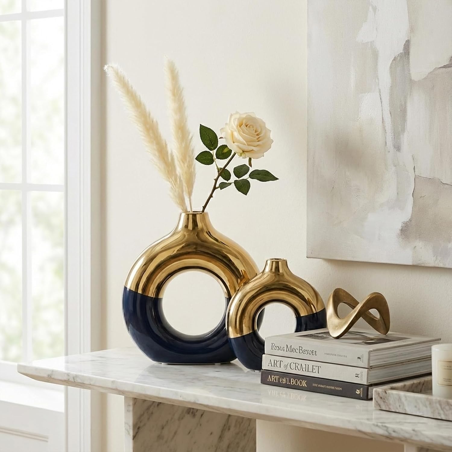 Blue and Gold Vase Decor Donut Vase Set of 2 - Circle Hollow Vases, Modern Matte Ceramic Vases for Entryway Living Room Bedroom Dining Table Centerpiece Office Home Decor