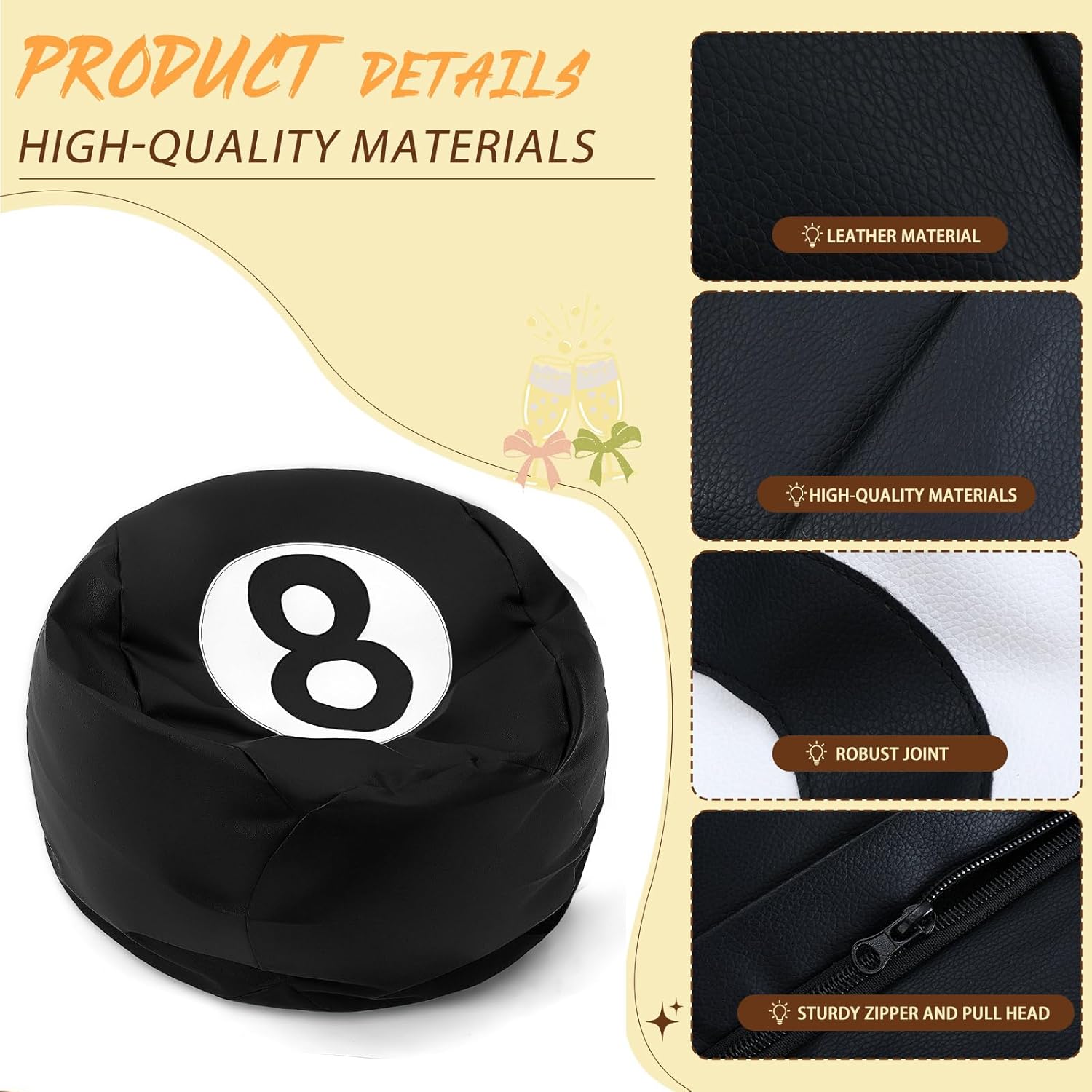 AceOrbit 8 Ball Bean Bag Chair Cover, Prize Gift Plush Toys Organizer, Black PU Leather 8 Ball Stuffed Animal Storage Bean Bag, Billiard Decor for Game Home Dorm Room Living Room (No Filling)