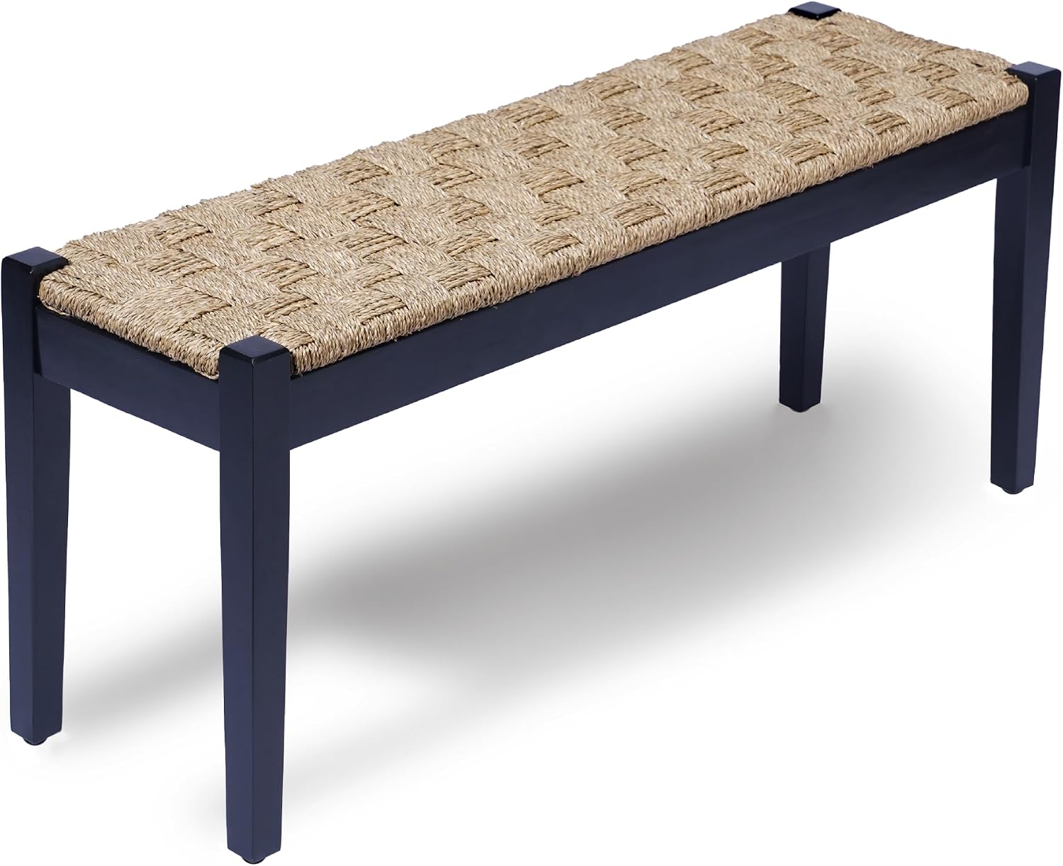 Vintage Entryway Bench, 47 inch Acacia Wood Bench with Woven Seagrass Seat, Entryway Bench, Wicker Bench Indoor for Hallway, End of Bed, Rustic Farmhouse Boho Style, Indoor Decorative Bench (Black)