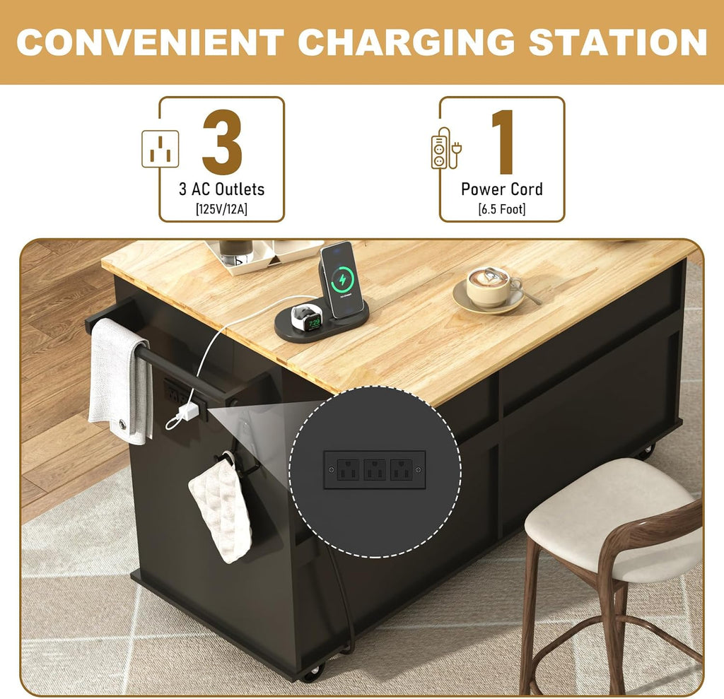 Gitua 59" W Rolling Kitchen Island with Drop Leaf, Movable Kitchen Carts on Wheels Island with Storage Cabinet&Charging Station, Island Table for Kitchen w/Rubber Wood Top, Rack, Hook, Drawers, Black