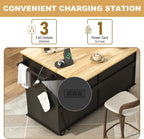 Gitua 59" W Rolling Kitchen Island with Drop Leaf, Movable Kitchen Carts on Wheels Island with Storage Cabinet&Charging Station, Island Table for Kitchen w/Rubber Wood Top, Rack, Hook, Drawers, Black