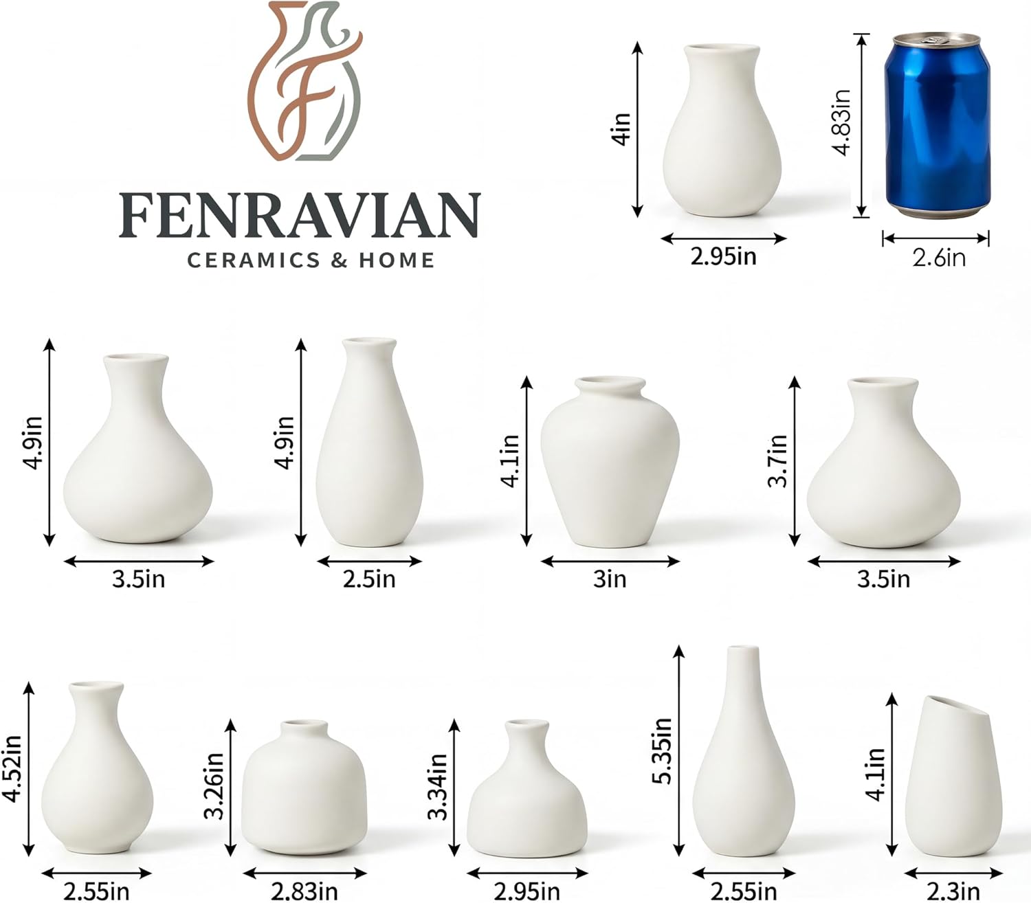 White Ceramic Bud Vase Set of 10, Small Vases for Pampas Grass, Flowers, Mini Vases for Modern Home Decor, Minimalist Decor, for Living Room, Dining Table & Shelves
