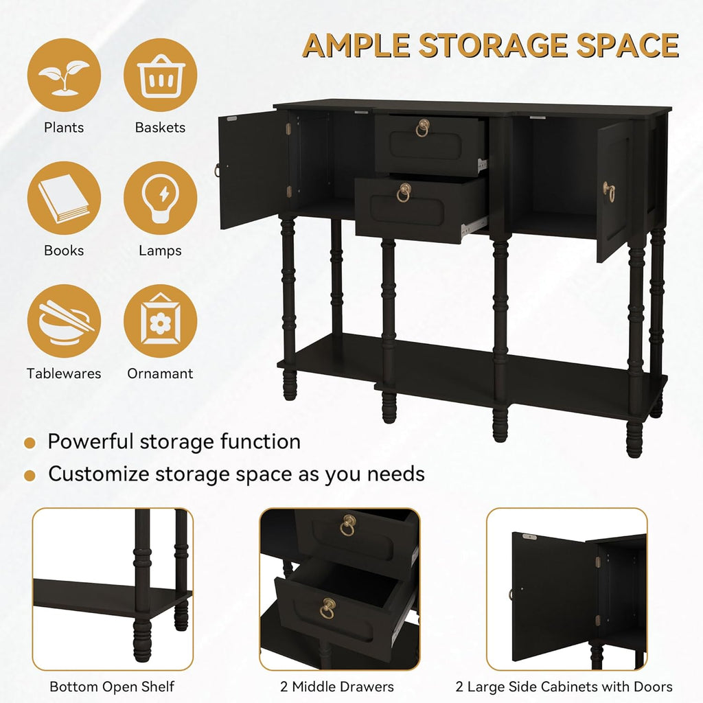 Black Entryway Table with Storge, Mid-Century Modern Console Table with 2 Drawers, Retro Narrow Long Behind Couch Sofa Table for Living Room, Foyer, Hallway