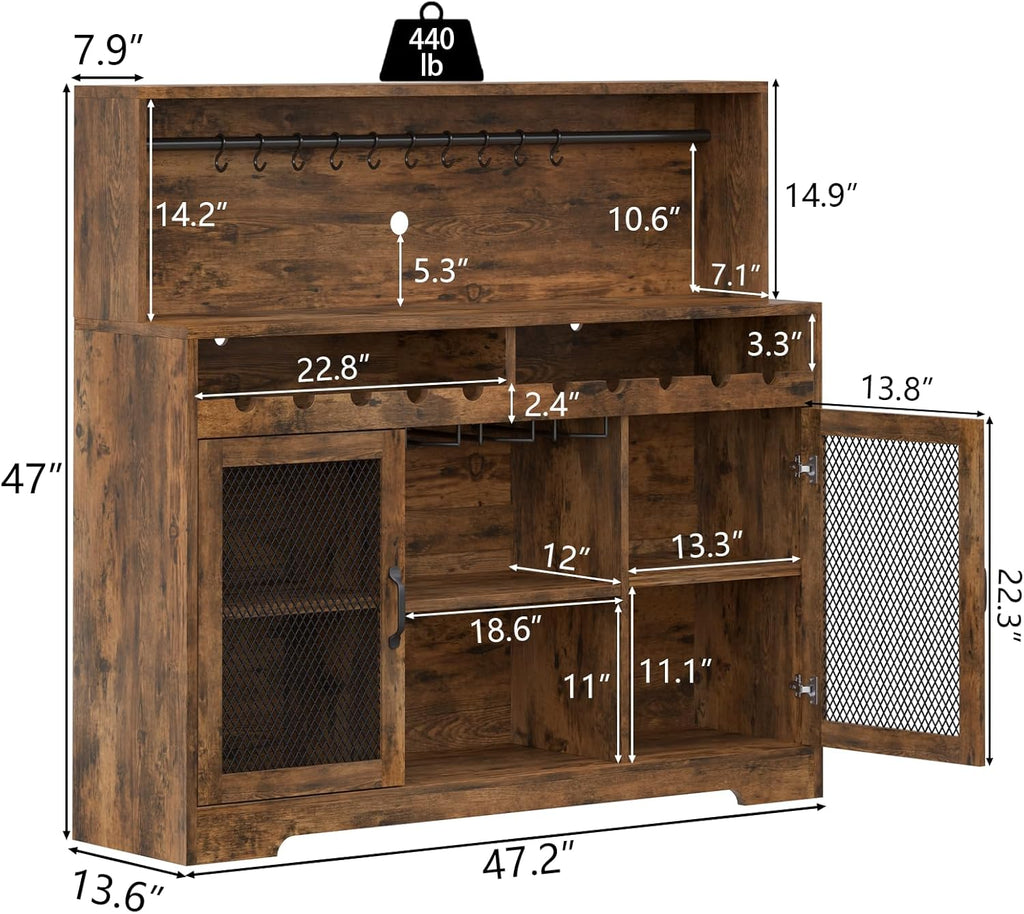Loomie Wine Bar Cabinet with LED Light, Liquor Cabinet with Glass Holder, Coffee Bar for Liquor, Storage Buffet with Wine Racks, Wine Cabinet with Mesh Door (Rustic)