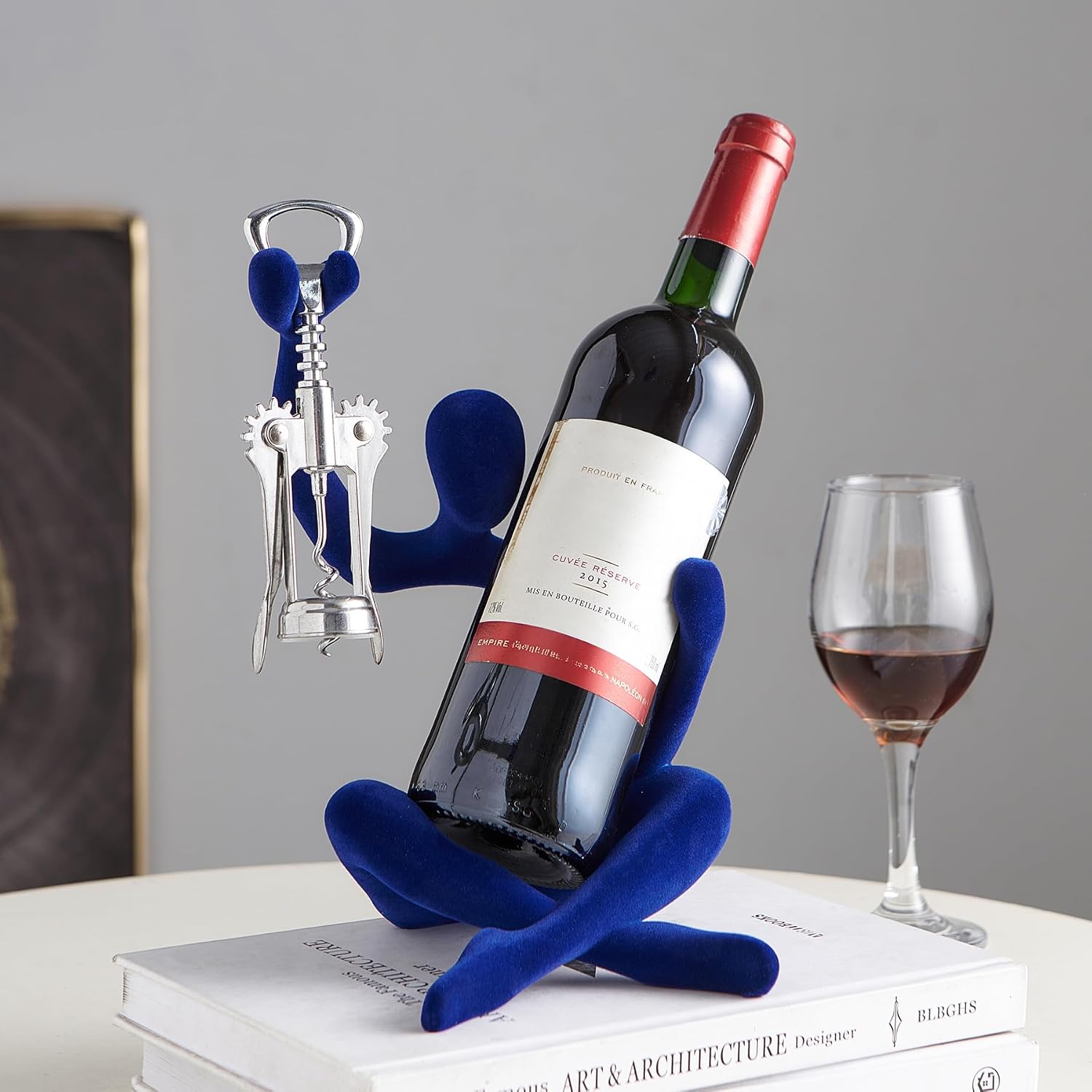 Thinker Statue Wine Rack, Modern Rack for Kitchen Table Decor, Single Wine Bottle Holder Countertop for Bar, Small Bottle Holder Rack (Navy)