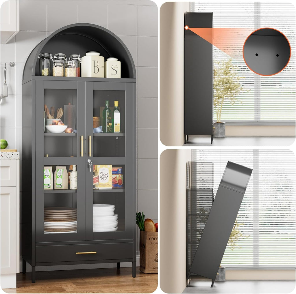 72.83" H Black Metal Arched Cabinet with 1 Drawer,Arched Cabinet with Glass Doors for Home Office Living Room, Assembly Required